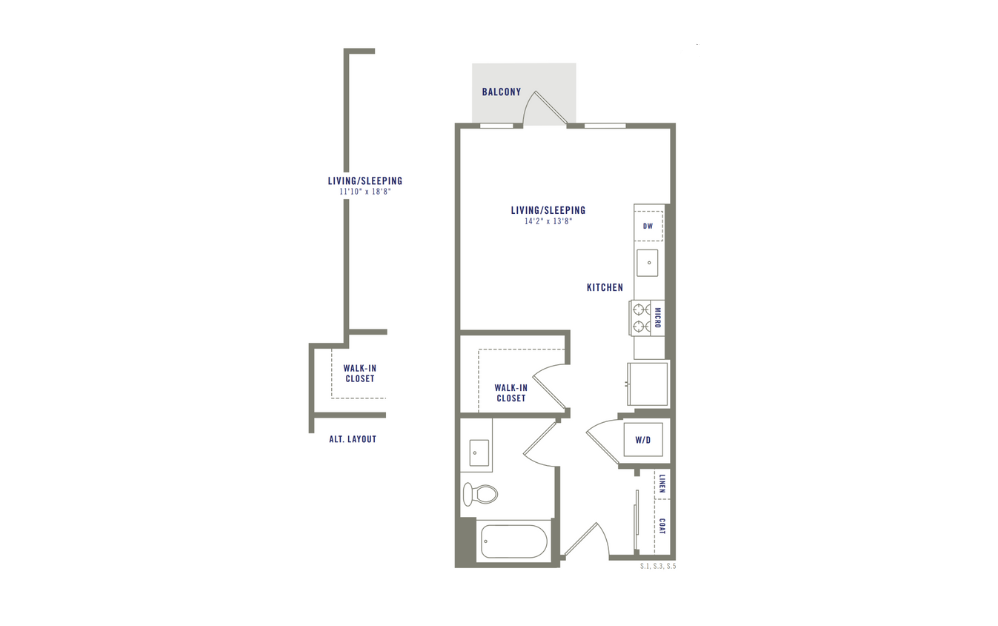S1 - Studio floorplan layout with 1 bath and 450 square feet.