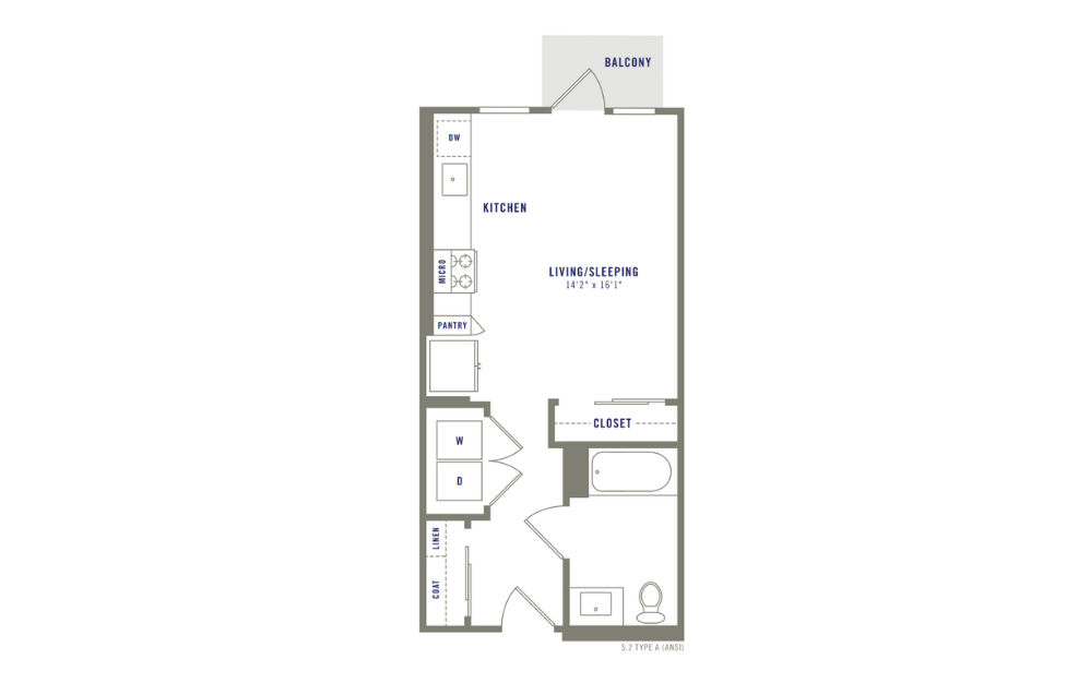 S2 - Studio floorplan layout with 1 bath and 423 to 481 square feet.